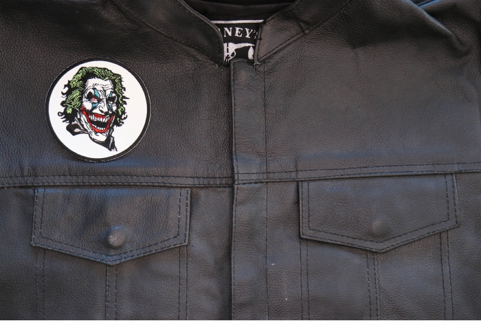Joker Laughing Patch shown on leather vest