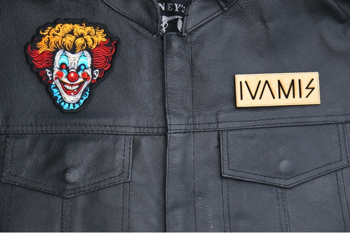 Laughing Clown Patch shown on leather vest