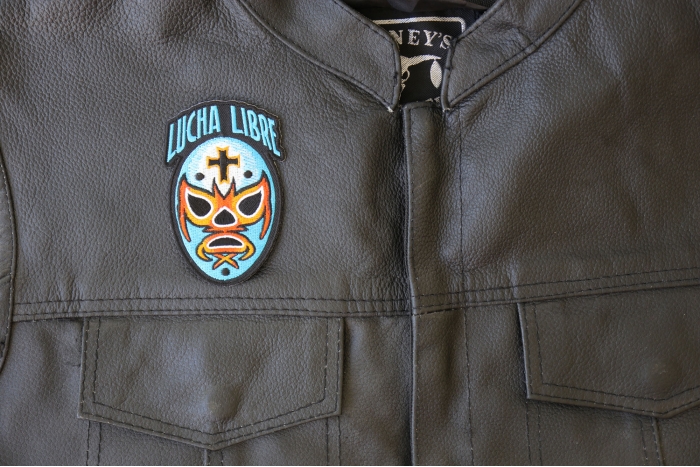 Lucha Libre Patch - 2.5x3.7 inch - Embroidered Iron on Patch shown on leather vest