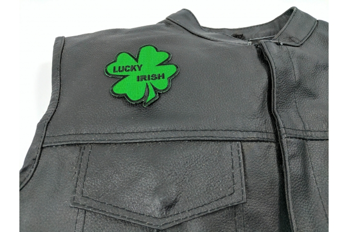 Lucky Irish Shamrock Patch, Iron on Patches shown on leather vest