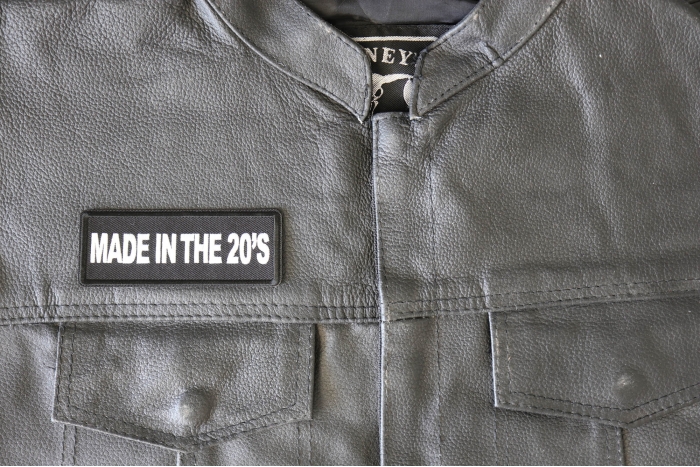 Made in the 20's Patch - 4x1.5 inch - Embroidered Iron on Patch shown on leather vest