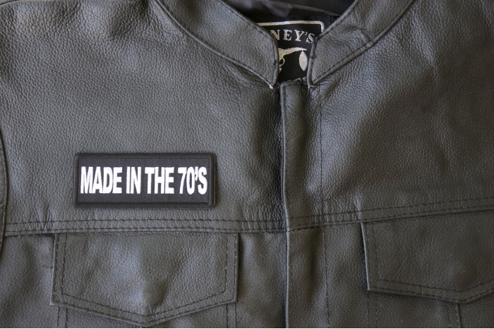 Made in the 70s Patch - 4x1.5 inch - Embroidered Iron on Patch shown on leather vest