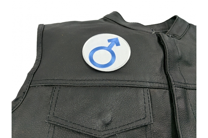 Male Symbol Patch - Iron on Patch - 3x3 inch shown on leather vest