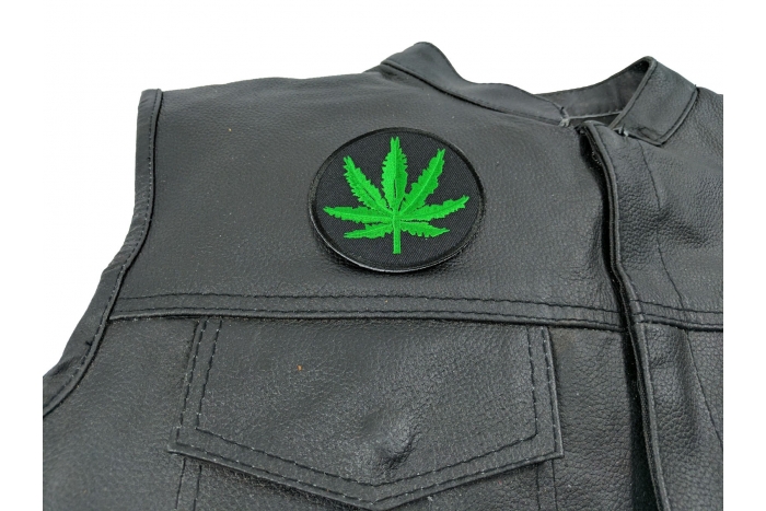 Marijuana Leaf Patch - By Ivamis Trading - 3x3 inch - Embroidered Iron on Patch shown on leather vest