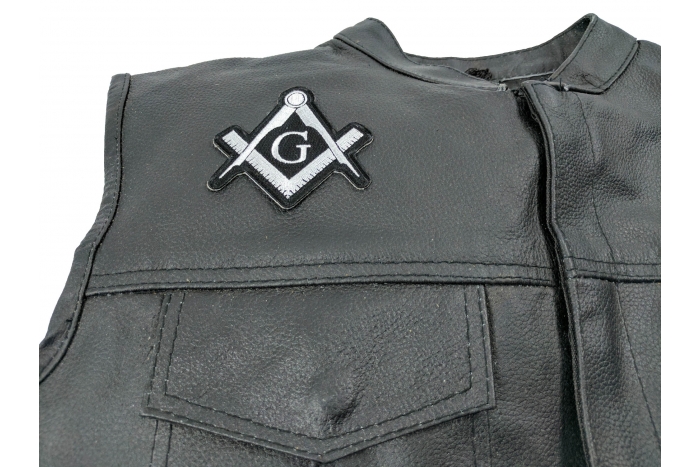 Mason Sign White Patch - 3x2.9 inch. Embroidered Iron on Patch shown on leather vest