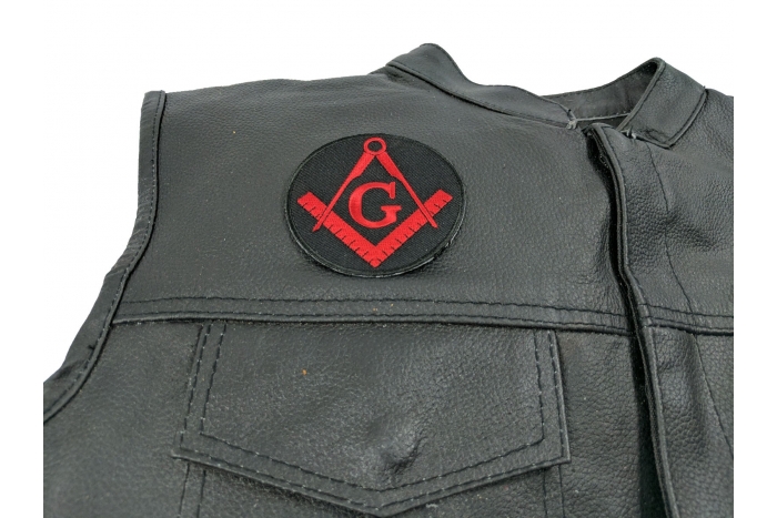 Mason Symbol Patch In Red - 3x3 inch. Embroidered Iron on Patch shown on leather vest