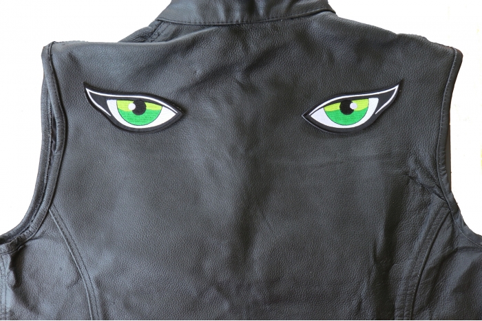 Medium Green Eyes Patch - 4.5x1.75 inch - Embroidered Iron on Patch shown on leather vest