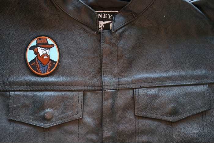 Cowboy Van Gogh Patch, Iron on Patches shown on leather vest