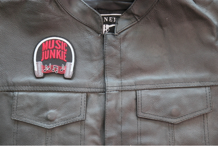 Music Junkie Patch shown on leather vest