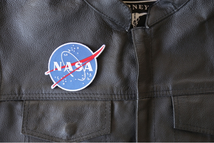NASA logo Patch - 3.5x3 inch - Embroidered Iron on Patch shown on leather vest