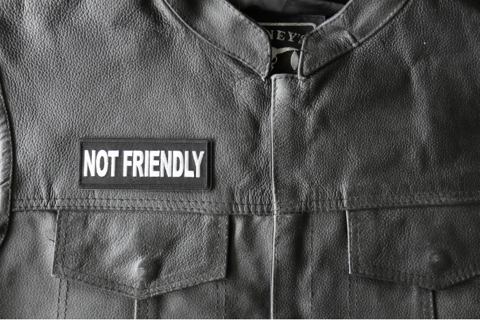 Not Friendly Patch, Biker Sayings shown on leather vest