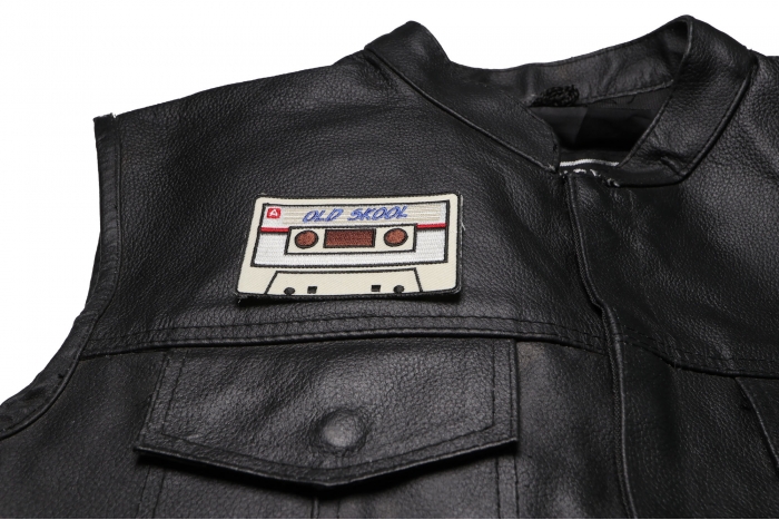 Old Skool Radio Cassette Patch - 3.5x2.25 inch. Embroidered Iron on Patch shown on leather vest