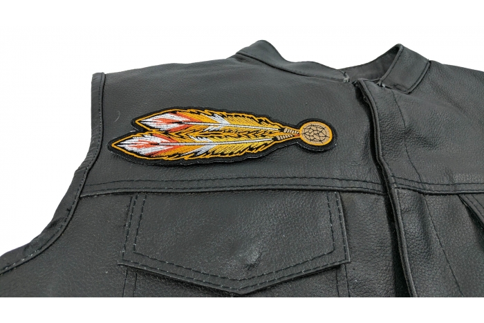 Orange Feathers Patch - 2.25x6.5 inch. Embroidered Iron on Patch shown on leather vest