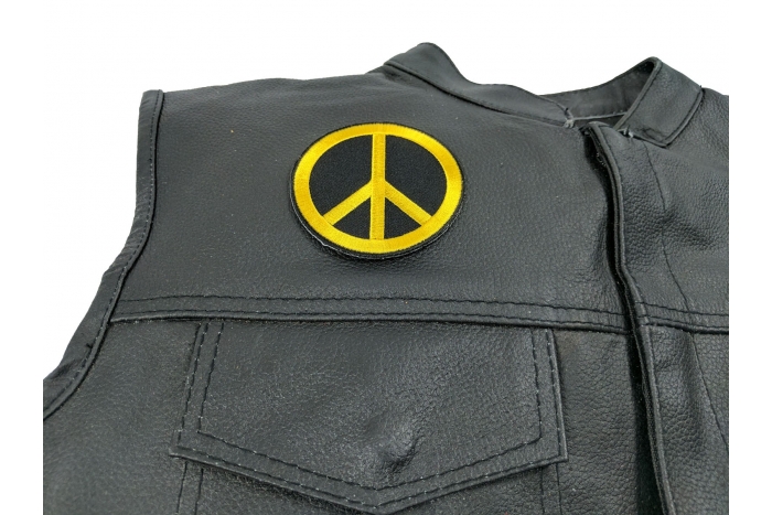 Peace Sign Patch Yellow On Black - 3x3 inch. Embroidered Iron on Patch shown on leather vest