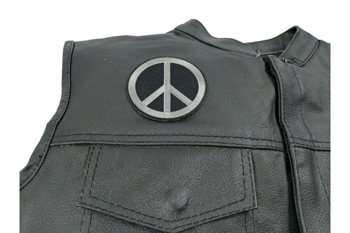 Peace Sign Patch Gray On Black - 3x3 inch. Embroidered Iron on Patch shown on leather vest