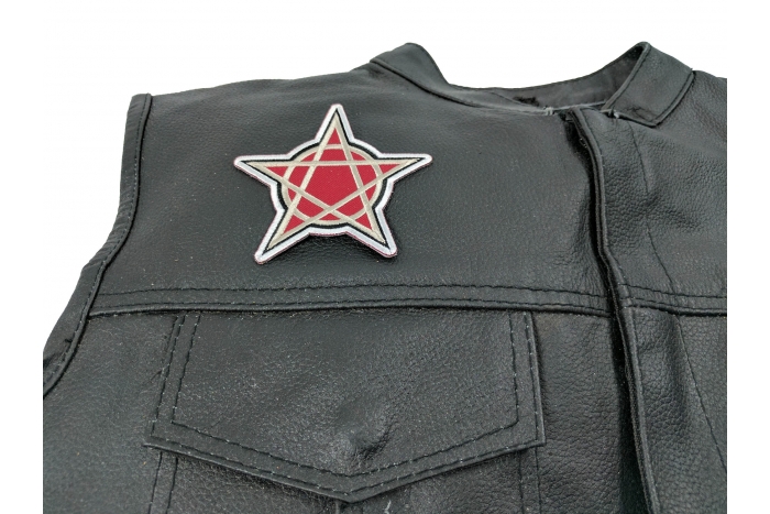 Witch Pentagram Patch, Iron on Patches shown on leather vest
