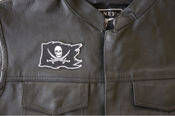 Pirate Skull Flag Patch, Skull Patches shown on leather vest