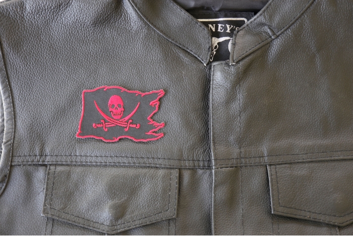 Pirate Flag Skull and Crossed Swords Patch, Skull Patches shown on leather vest