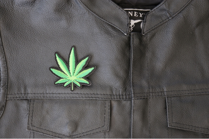 Pot Leaf Patch - 3x3 inch - Embroidered Iron on Patch shown on leather vest