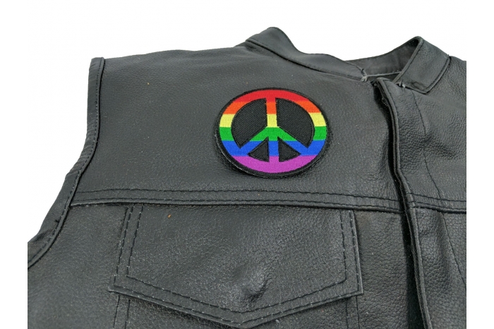 Rainbow Peace Patch - 3x3 inch. Embroidered Iron on Patch shown on leather vest