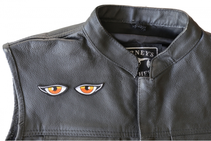 Orange Eyes Patches - 2x0.8 inch - Embroidered Iron on Patch shown on leather vest