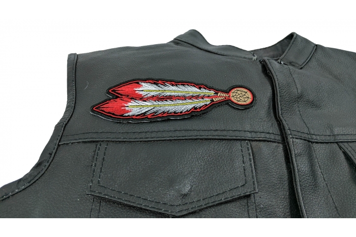 Red White Feathers Patch - 2.25x6.5 inch. Embroidered Iron on Patch shown on leather vest