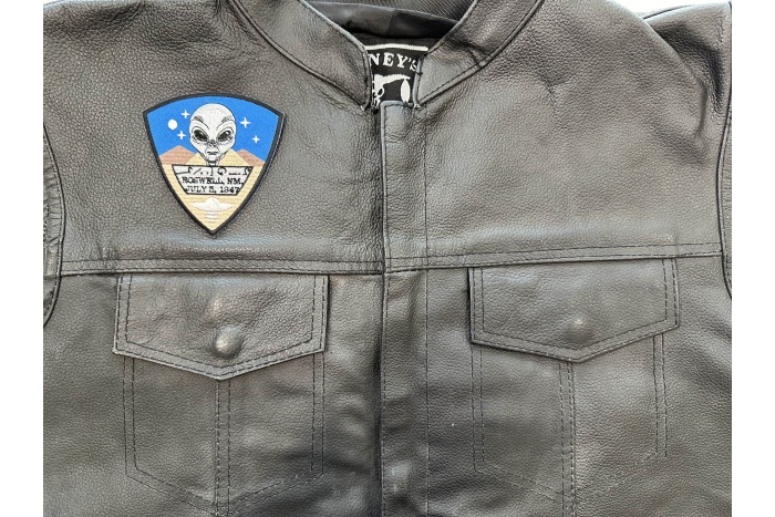 Roswell New Mexico Alien Patch shown on leather vest