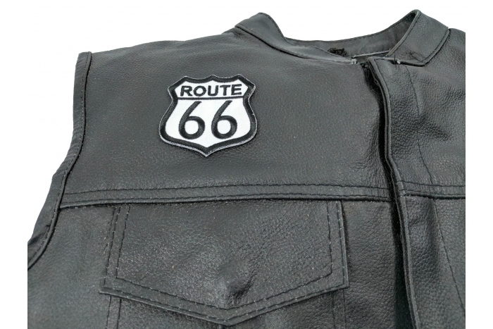 Route 66 Patch, Biker Sayings shown on leather vest
