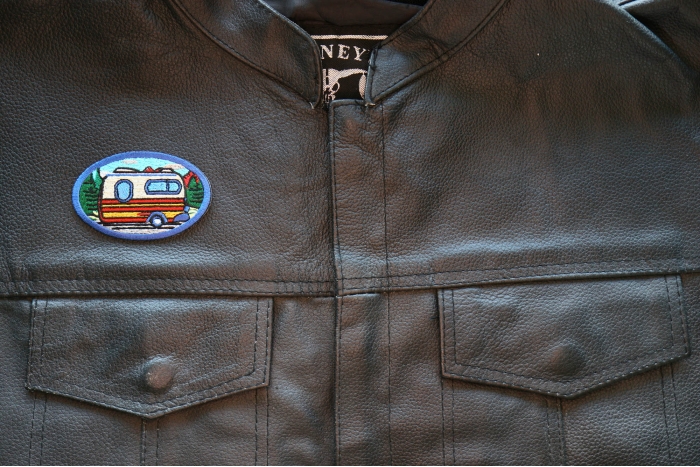 RV Camper Iron on Patch shown on leather vest