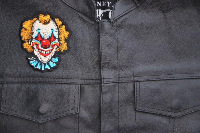 Scary Clown Patch shown on leather vest
