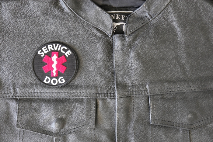 Service Dog Patch - 3x3 inch - Embroidered Iron on Patch shown on leather vest