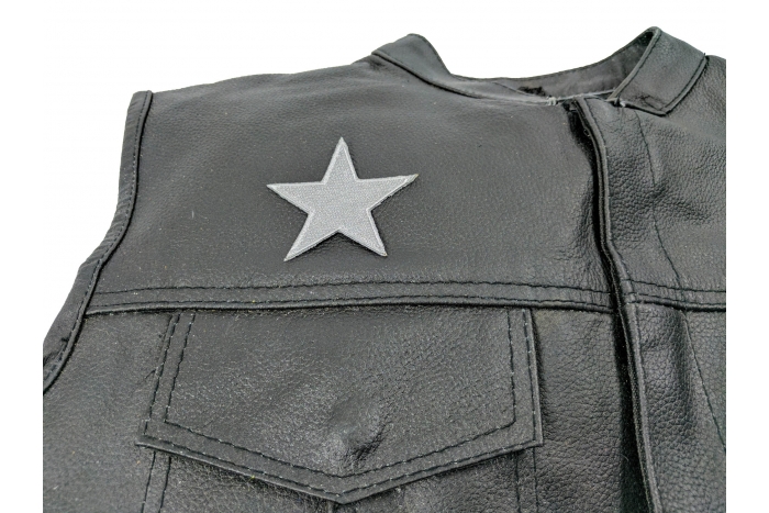 Silver Star Patch, Iron on Patches shown on leather vest