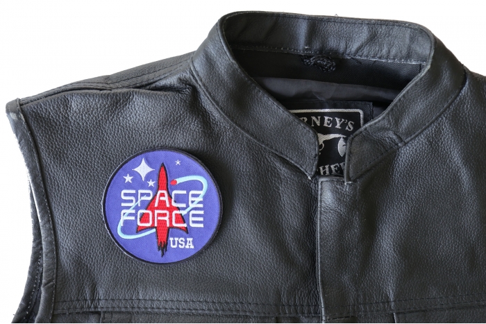 Space Force USA Patch - 3.5x3.5 inch - Embroidered Iron on Patch shown on leather vest