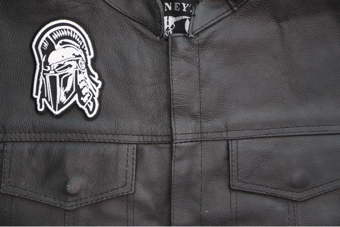 Spartan Helmet Patch shown on leather vest