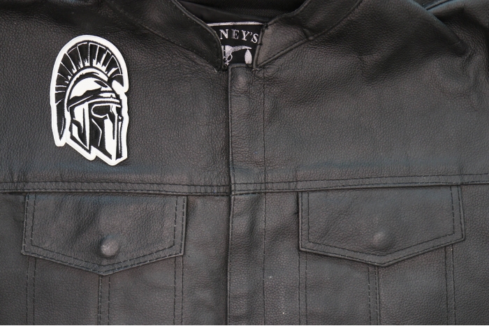 Spartan Helmet Patch shown on leather vest