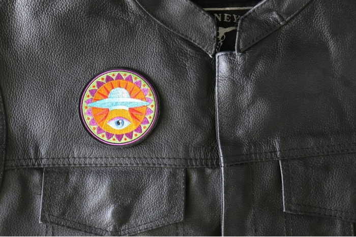 Spiritual Eye UFO Iron on Patch - 3x3 inch - Embroidered Iron on Patch shown on leather vest