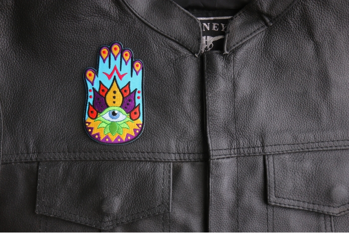 Spiritual Hand Iron on Patch - 2.5x4 inch - Embroidered Iron on Patch shown on leather vest