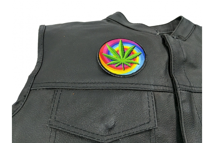 Sweet Leaf Marijuana Patch - 3x3 inch. Embroidered Iron on Patch shown on leather vest