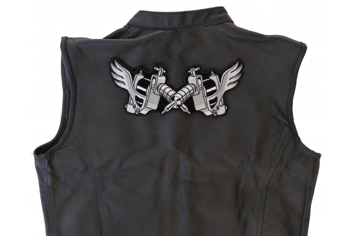 Tattoo Guns Patch, Large Back Patches for Vests shown on leather vest