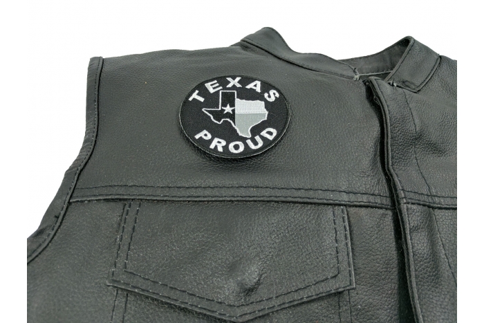 Texas Proud Patch - 3x3 inch. Embroidered Iron on Patch shown on leather vest