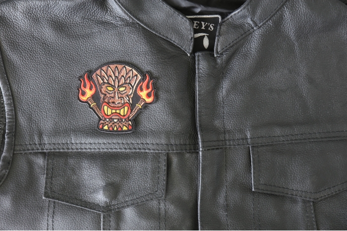Tiki Totem Iron on Patch - 3.5x3 inch - Embroidered Iron on Patch shown on leather vest