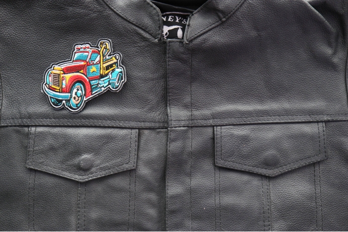 Tow Truck Patch shown on leather vest
