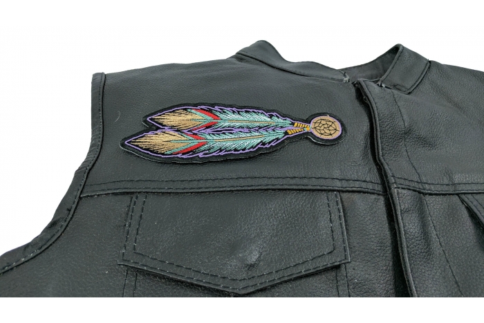 Tribal Feathers Patch - 2.25x6.5 inch shown on leather vest