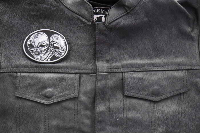 Two Aliens Patch shown on leather vest