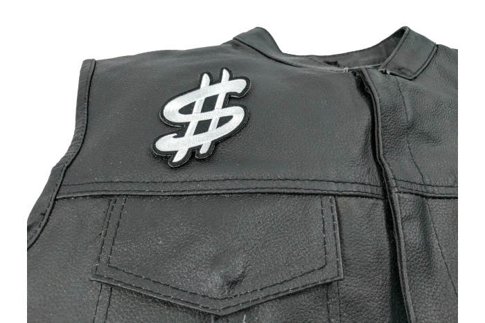 Dollar Sign Patch - 2.5x3.5 inch. Embroidered Iron on Patch shown on leather vest