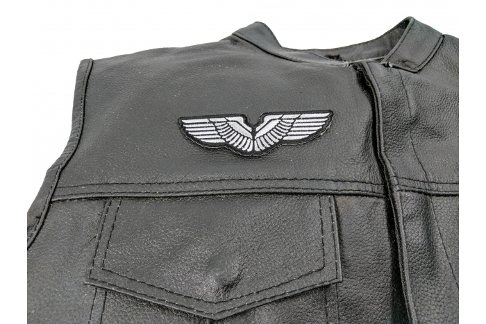 White Wings Patch - Iron on Patch - 4x1.25 inch shown on leather vest