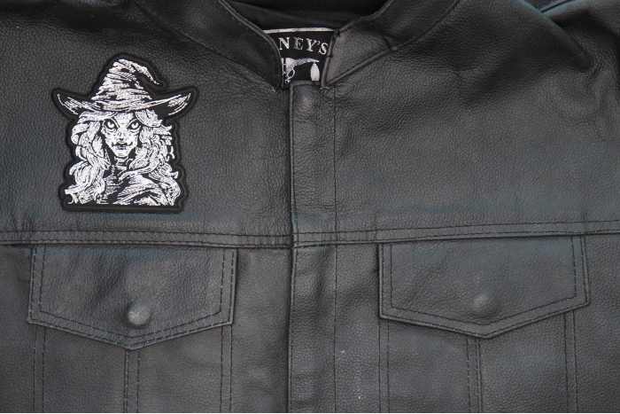 Wicked Witch Patch shown on leather vest