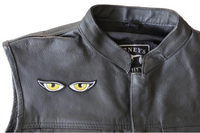 Yellow Eyes Patch - 2x0.8 inch - Embroidered Iron on Patch shown on leather vest