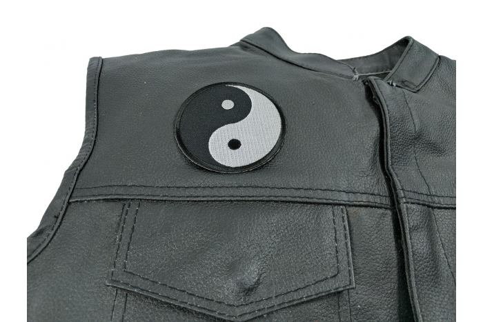Ying Yang Patch - 3x3 inch. Embroidered Iron on Patch shown on leather vest
