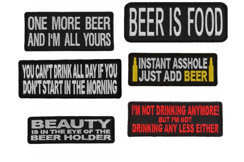 Beer Lover Sayings Red Yellow Iron-on or Sew-on Embroidered Patches Set of 6